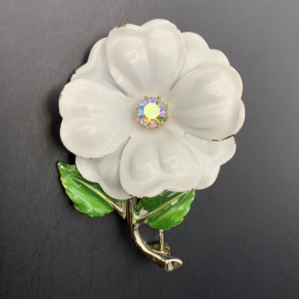 Enamel Flower Brooch Pin White Aurora Borealis Rhinestone Mid Century AB Vintage